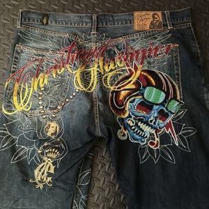 Christian Audigier Blue button fly Jean 42 x 34 Embroider, Hip Hop, skull, bling